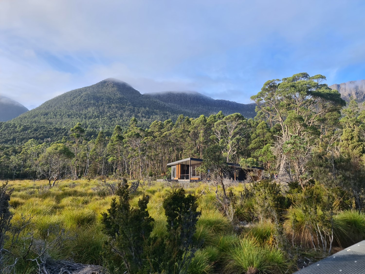 View looking back at Kia Ora hut the morning of departure.