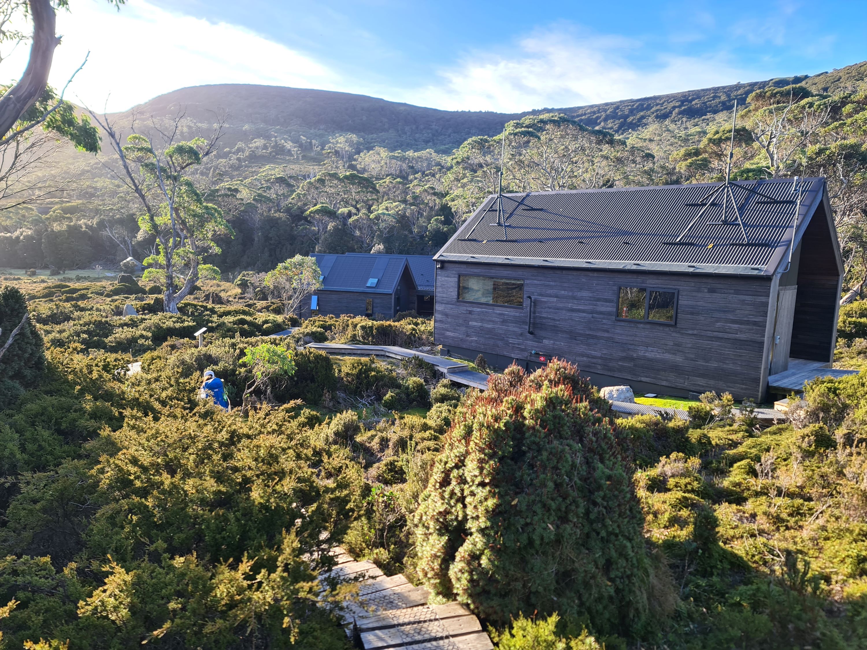 Arriving to the hut at Waterfall Valley after a fairly treachorous descent.